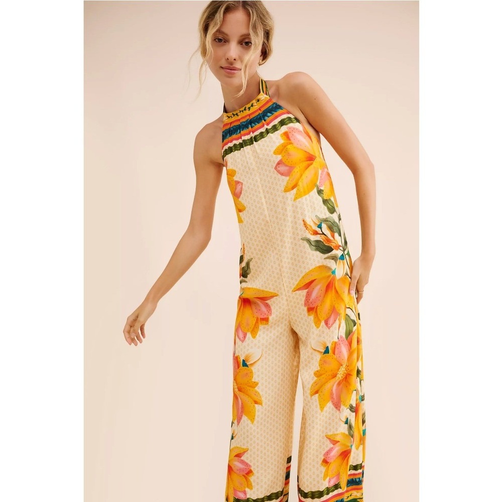 Farm Rio Tropical Floral Wide Leg Halter Jumpsuit Sz L Yellow Boho Anthropologie - Picture 2 of 16